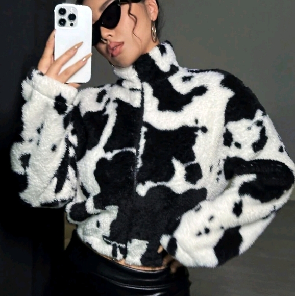 Cow Pattern Drop Shoulder Teddy Jacket - Picture 1 of 6